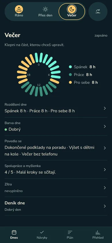 Večer na obrazovce Dnes: ciferník dne, spánek, práce a čas pro sebe po 8 hodinách, barva dne Dobrý