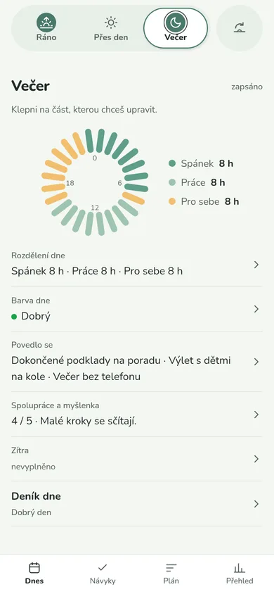 Večer na obrazovce Dnes: ciferník dne, spánek, práce a čas pro sebe po 8 hodinách, barva dne Dobrý