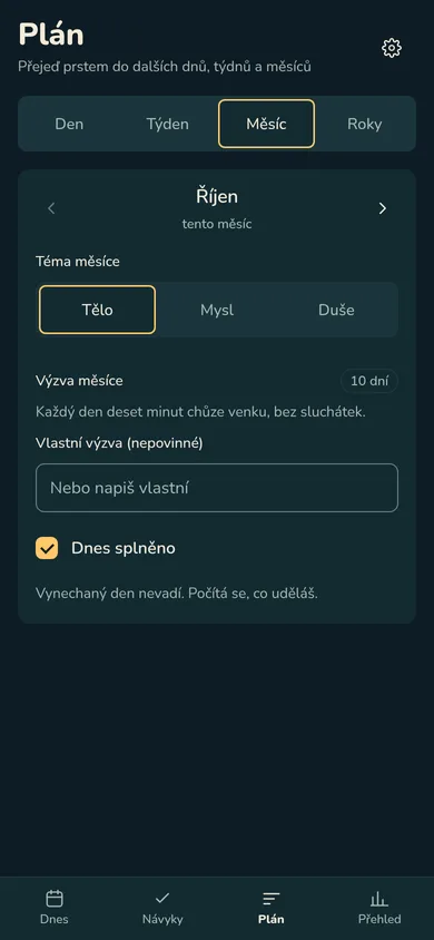 Karta Měsíc v Plánu: téma Tělo, výzva měsíce splněná 10 dní a zaškrtnuté Dnes splněno