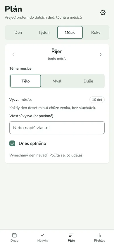Karta Měsíc v Plánu: téma Tělo, výzva měsíce splněná 10 dní a zaškrtnuté Dnes splněno