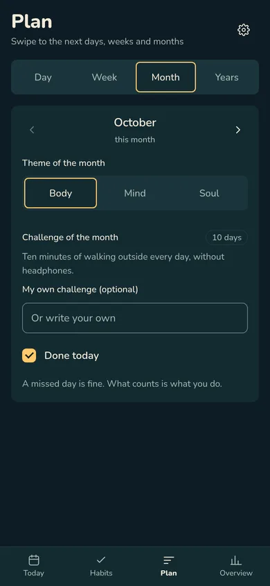 The Month card in Plan: the theme Body, the month’s challenge done on 10 days and Done today ticked