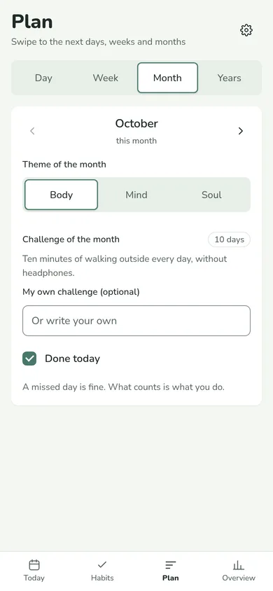 The Month card in Plan: the theme Body, the month’s challenge done on 10 days and Done today ticked