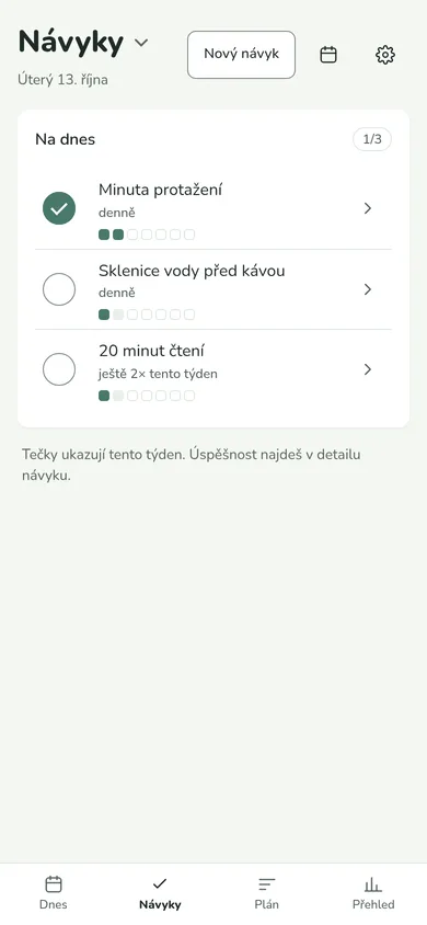 Návyky na dnes: minuta protažení, sklenice vody, 20 minut čtení