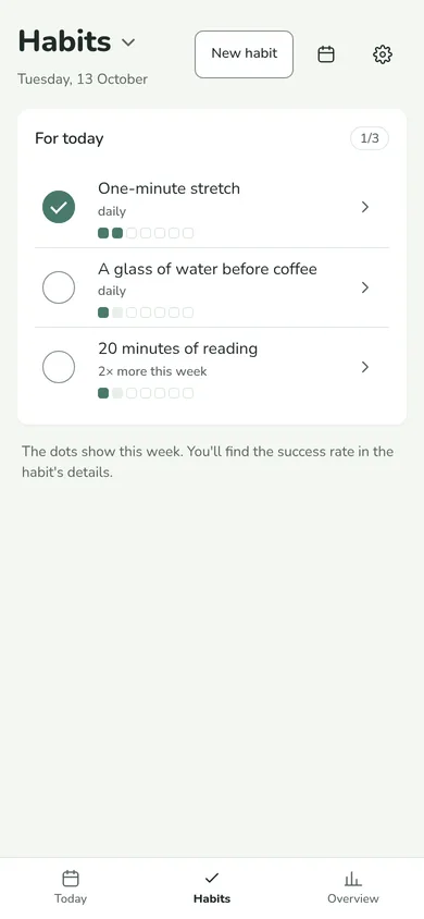 Habits for today: one-minute stretch, a glass of water, 20 minutes of reading