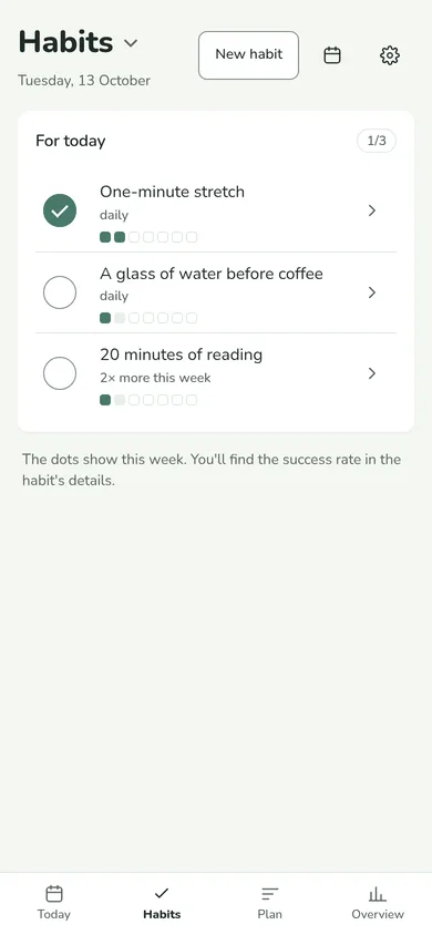 Habits for today: one-minute stretch, a glass of water, 20 minutes of reading