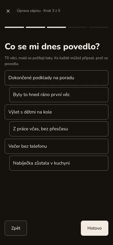 Večerní krok Co se mi dnes povedlo? se třemi věcmi a důvodem u každé z nich