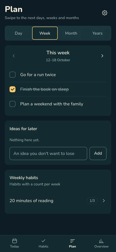 The Week card in Plan: three priorities for the week, one done, and the habit 20 minutes of reading at 1 of 3