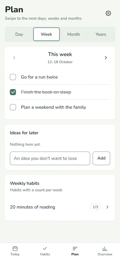 The Week card in Plan: three priorities for the week, one done, and the habit 20 minutes of reading at 1 of 3