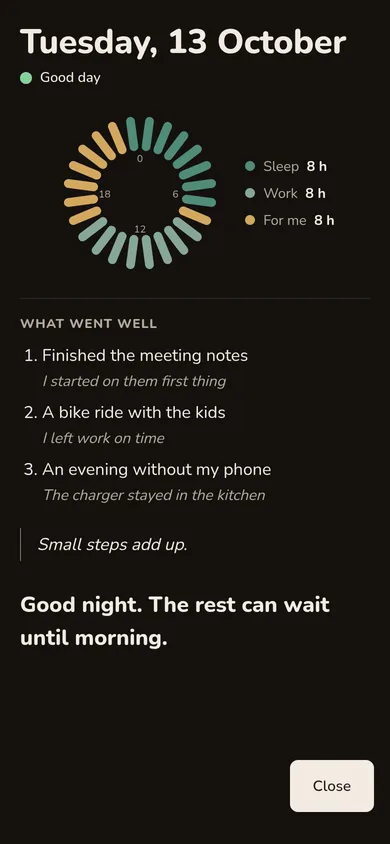 The evening entry: the day dial with 8 hours each of sleep, work and time for yourself, and three things that went well