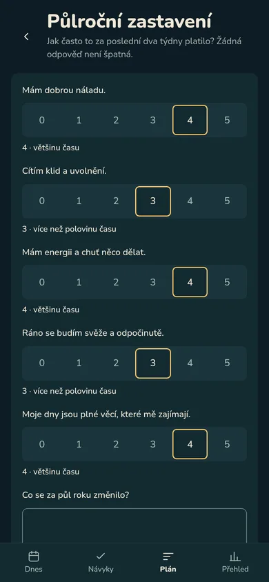 Půlroční zastavení: otázky o pohodě s odpověďmi na škále 0 až 5