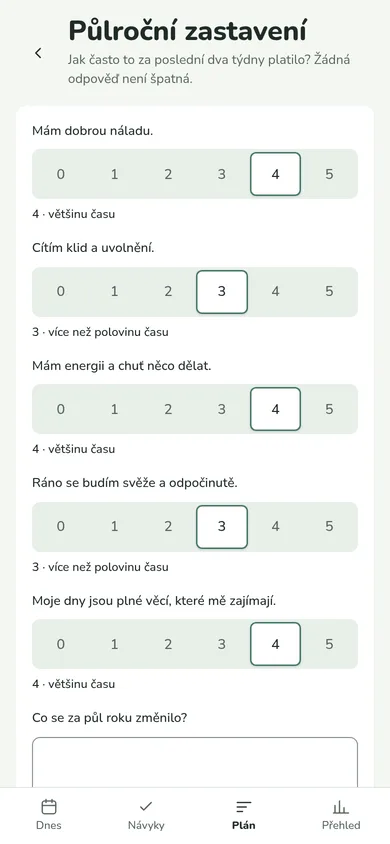Půlroční zastavení: otázky o pohodě s odpověďmi na škále 0 až 5