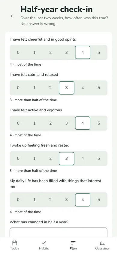 The half-year check-in: well-being questions with answers on a scale from 0 to 5